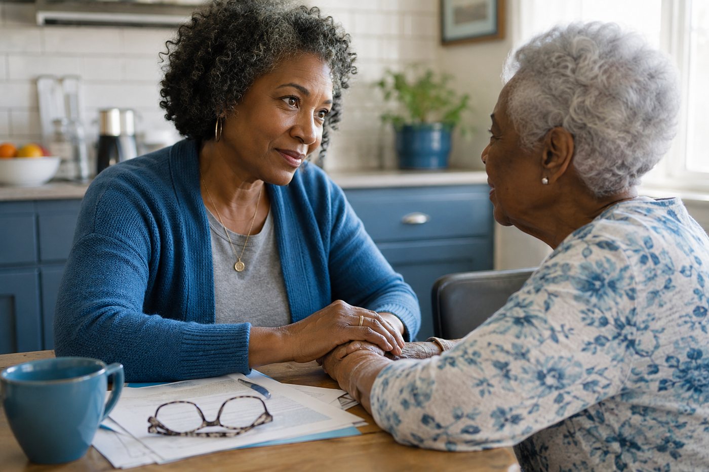 A daughter holding her mother's hands across the kitchen table, planning together