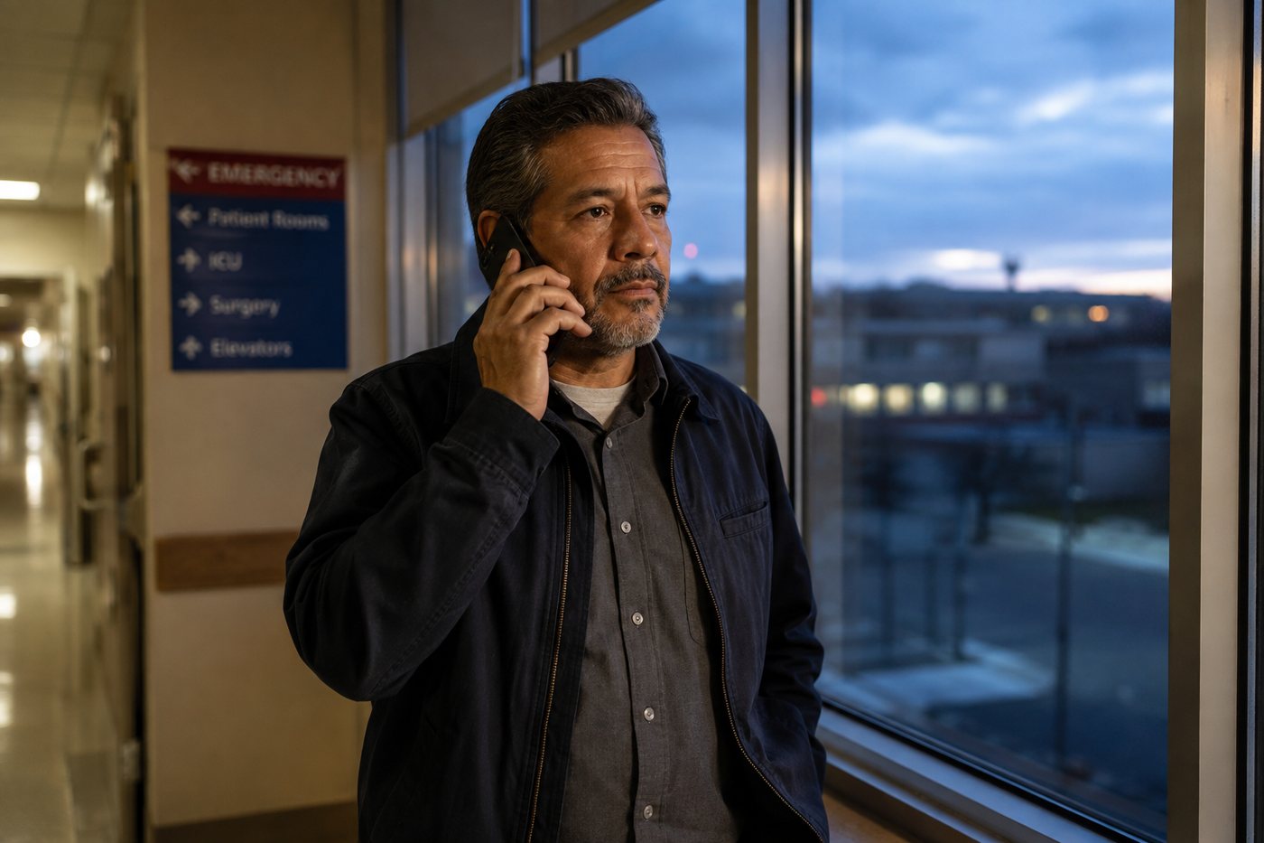 A son making the hard call from a hospital hallway at dusk